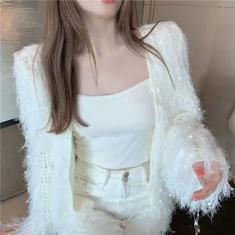 Fashion Women Cardigan Coat Cute Tassel Knitted Outerwear Coat Batwing Sleeve Sequin Sweater Fur Jacket