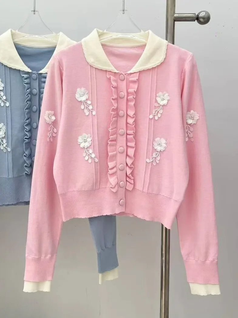 High-End European Style Sweet Doll Collar Long Sleeve Knitted Cardigan Women's Top Beaded Flower Embellishment Asymmetrical Hem