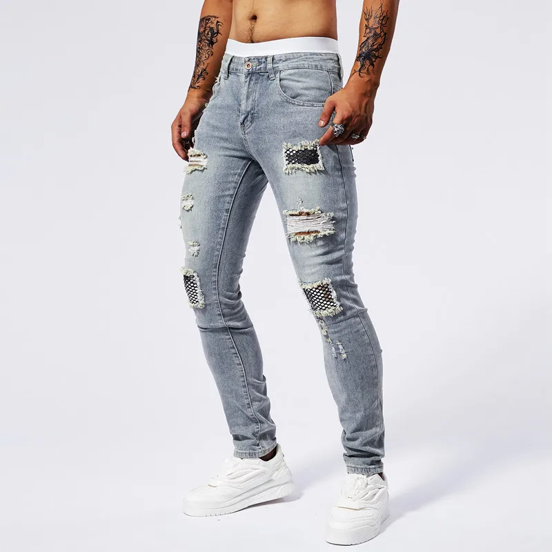 Patch sequin rhinestone jeans for men with torn holes, elastic summer fashion, casual fit, small foot muscle tight pants