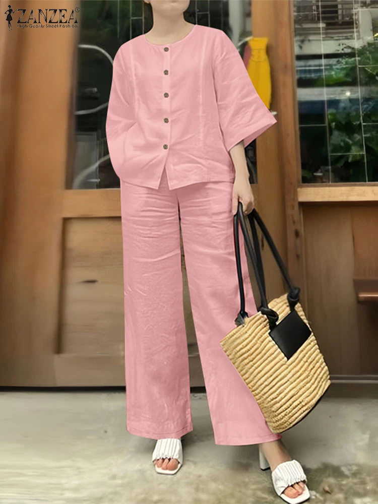 

ZANZEA Spring Pant Sets 2PCS Fashion O Neck Long Sleeve Blouse Wide Leg Trousers Suit Women Work Matching Sets Casual Outfits