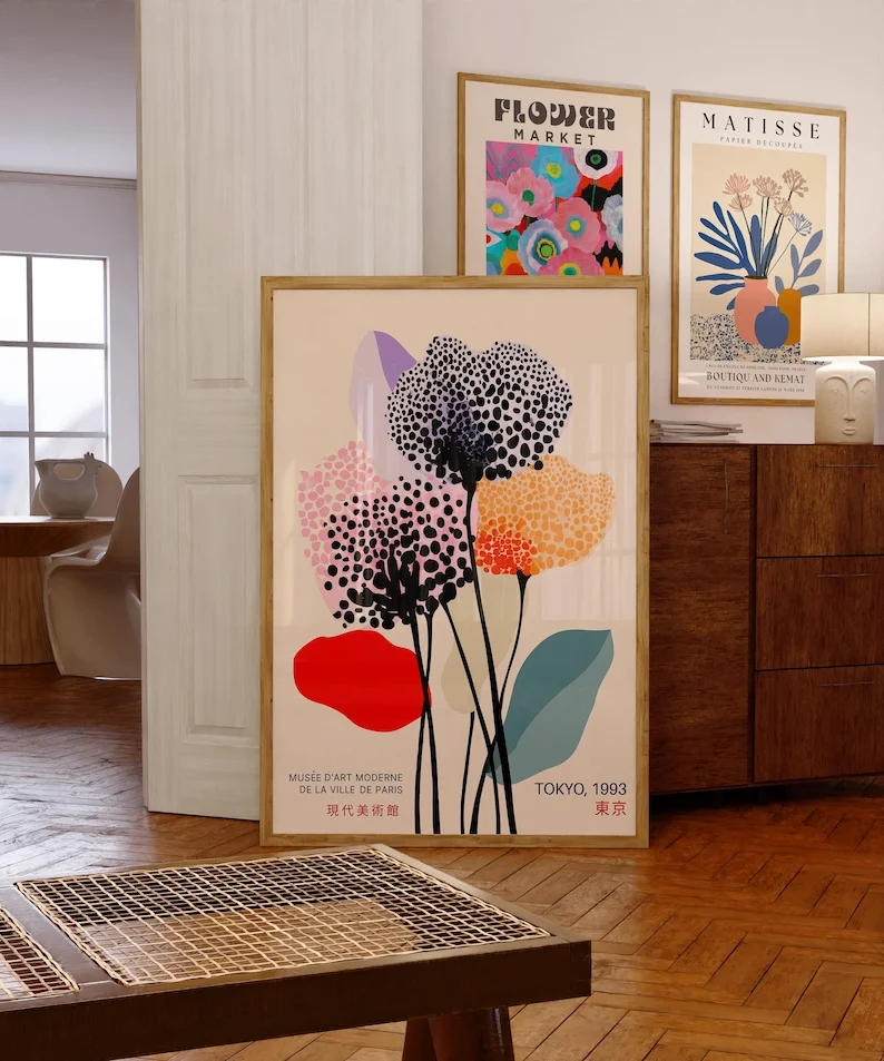 Yayoi Kusama Modern Flower Canvas Poster Frameless Japanese Abstract Dots Style Flower Museum Canvas Print for Living Room Decor