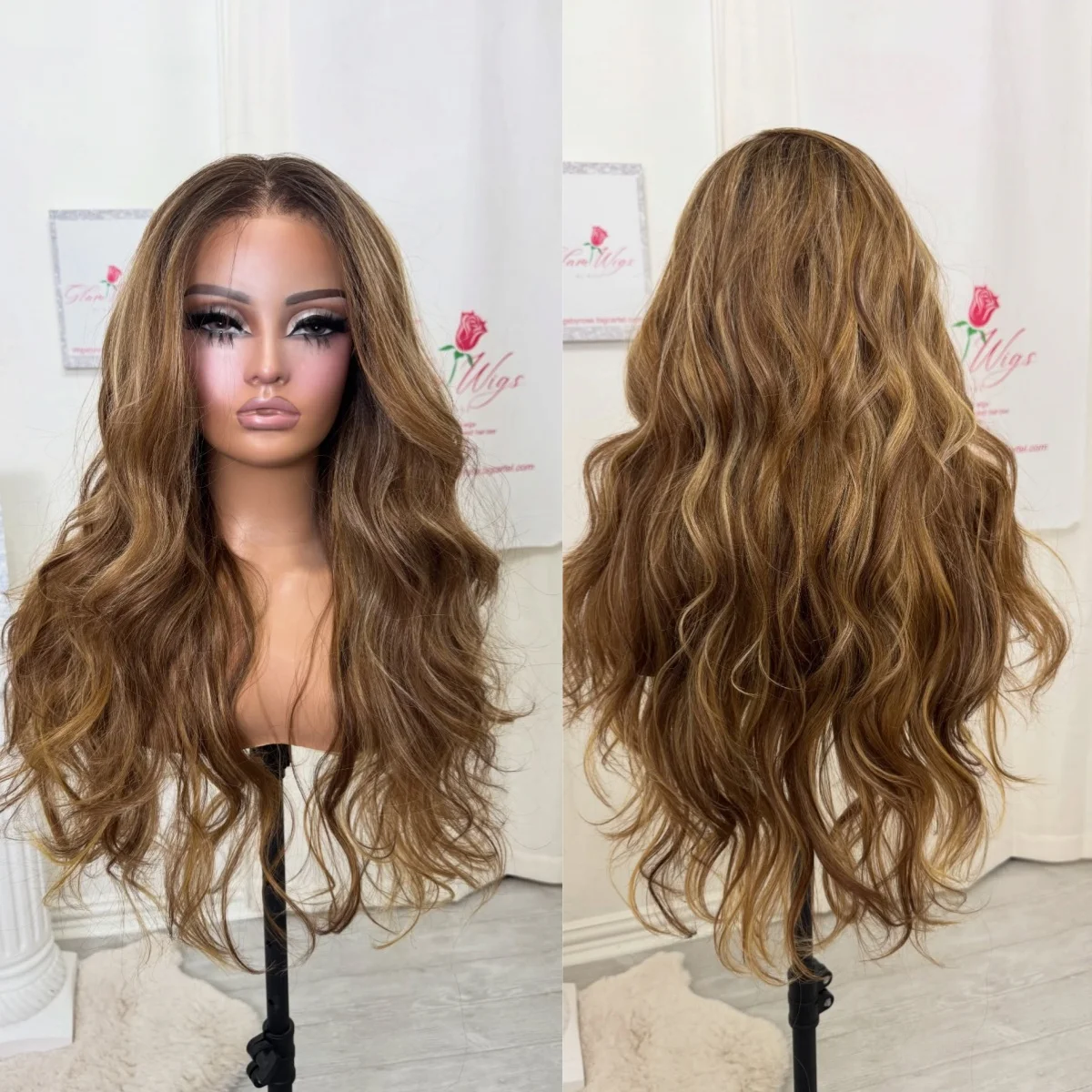 28 Inch Ombre Chestnut Brown Invisible Lace Front Wig with Dark Roots Heat Resistant Fiber Wig Realistic Look Hairline Full Wigs