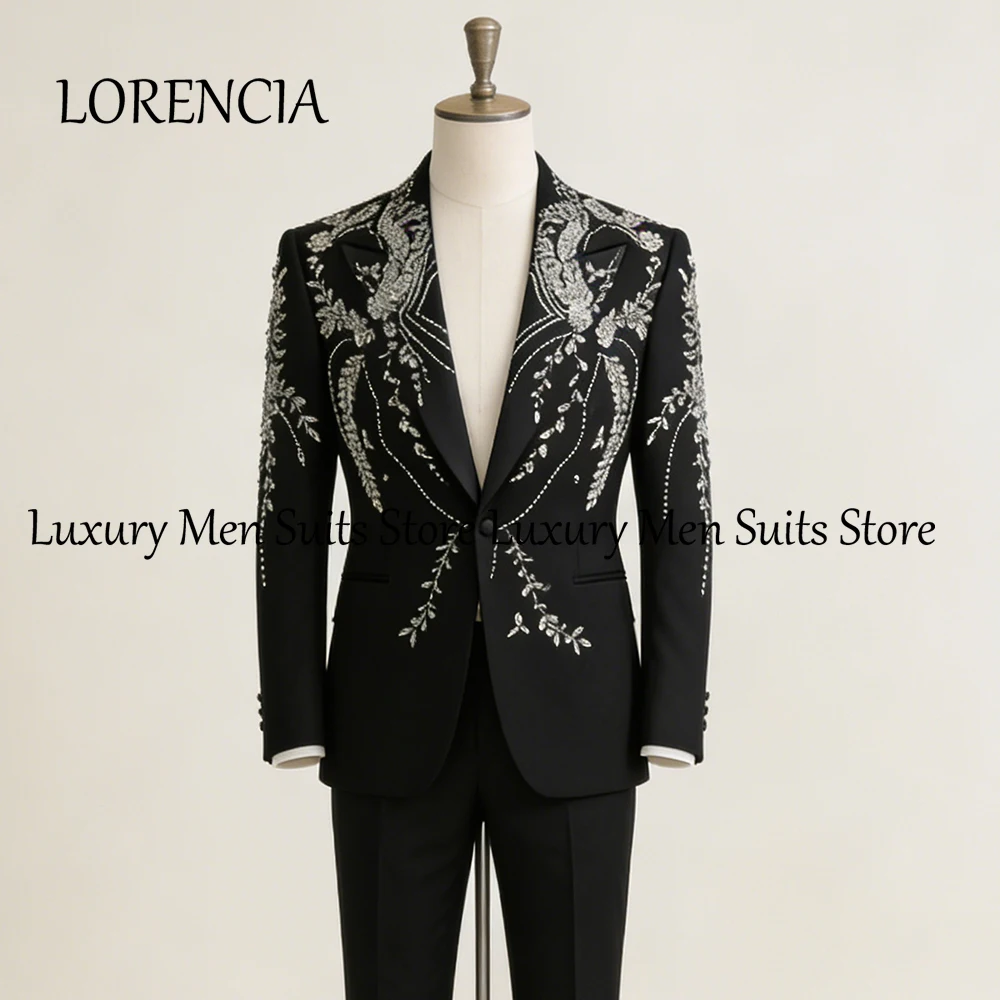 

Elegant Crystal Male Suits 2 Pieces Slim Fit Single Breasted Wedding Party Tuxedos Customized Blazer Pants roupas masculinas