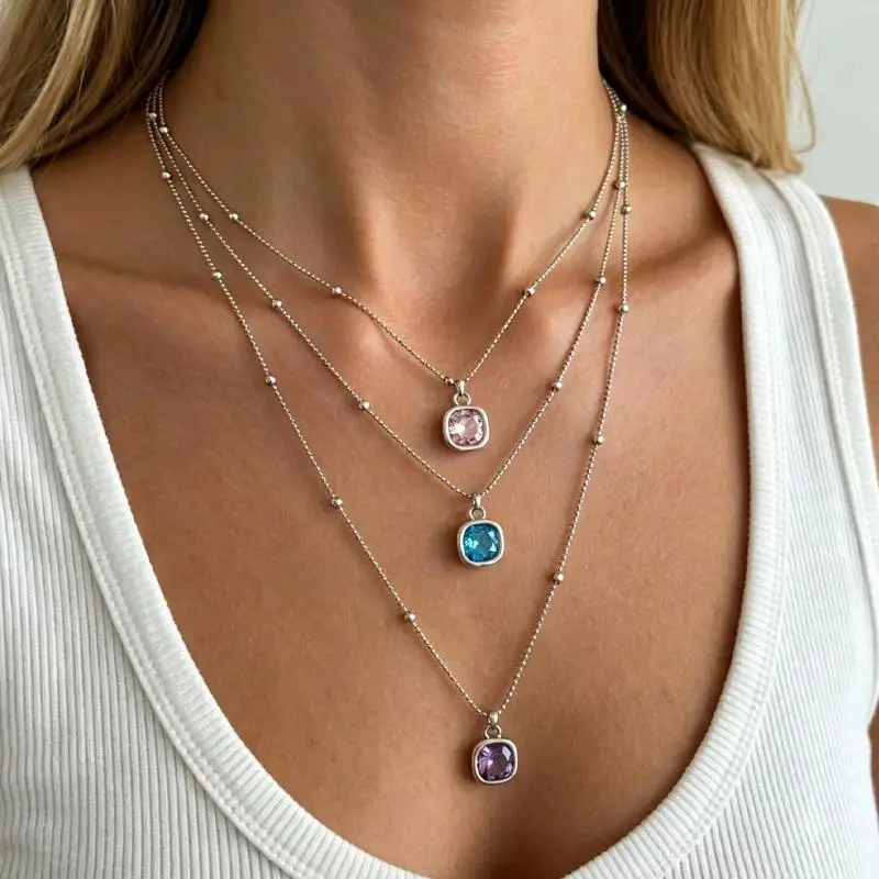 1/2Pcs Fashionable Square Gemstone Sparkling Pendant Necklace Bracelet Earrings for Women Anniversary Souvenir Gift