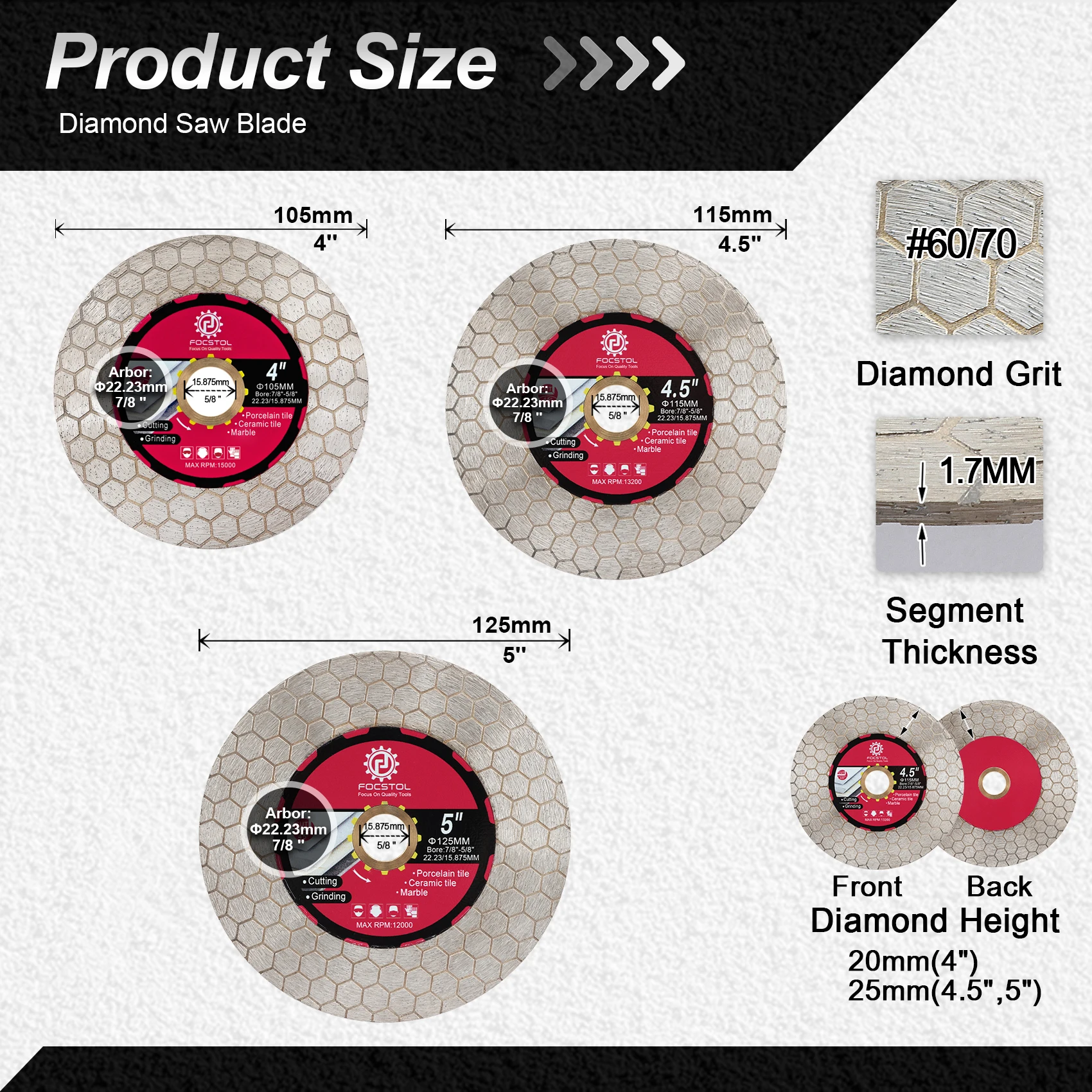 

FOCSTOL Diamond Cutting Disc 2pcs Set Tile Cutting Grinding for Porcelain Ceramic Tiles Marble Granite Artificial Stone Quartz