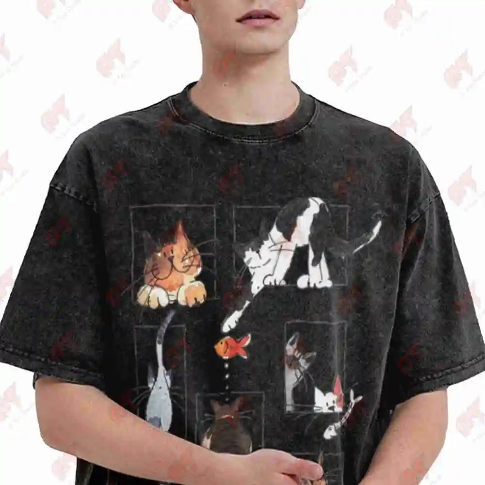 Cute Cats In Frames Design Vintage Washed Tee Pure Cotton T-Shirt