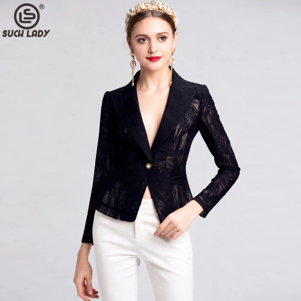 Women's Black Sheer Mesh Blazer, Long Sleeve Open Front Jacket with Pearl Button Detail, Lightweight Elegant Office Jackets