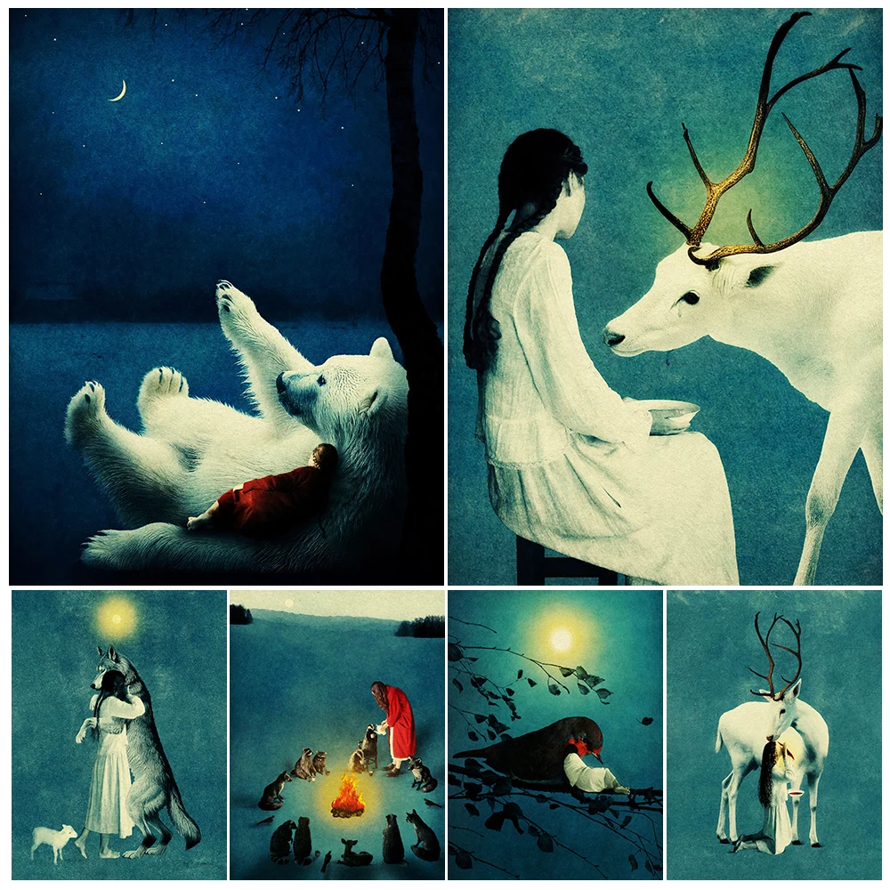 

Mysterious Animals That Move At Night,Abstract Wall Art Canvas Painting,Moonlit Night Animals Fantasy Art Poster And Print Decor