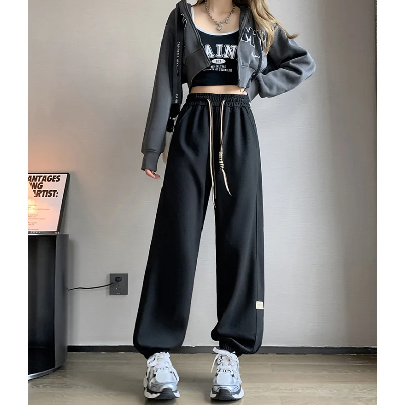 

Women Black Cargo Pants Streetwear Solid High Waist American Wide Leg Pants Y2K Fashion Female Winter Grey Straight Trousers