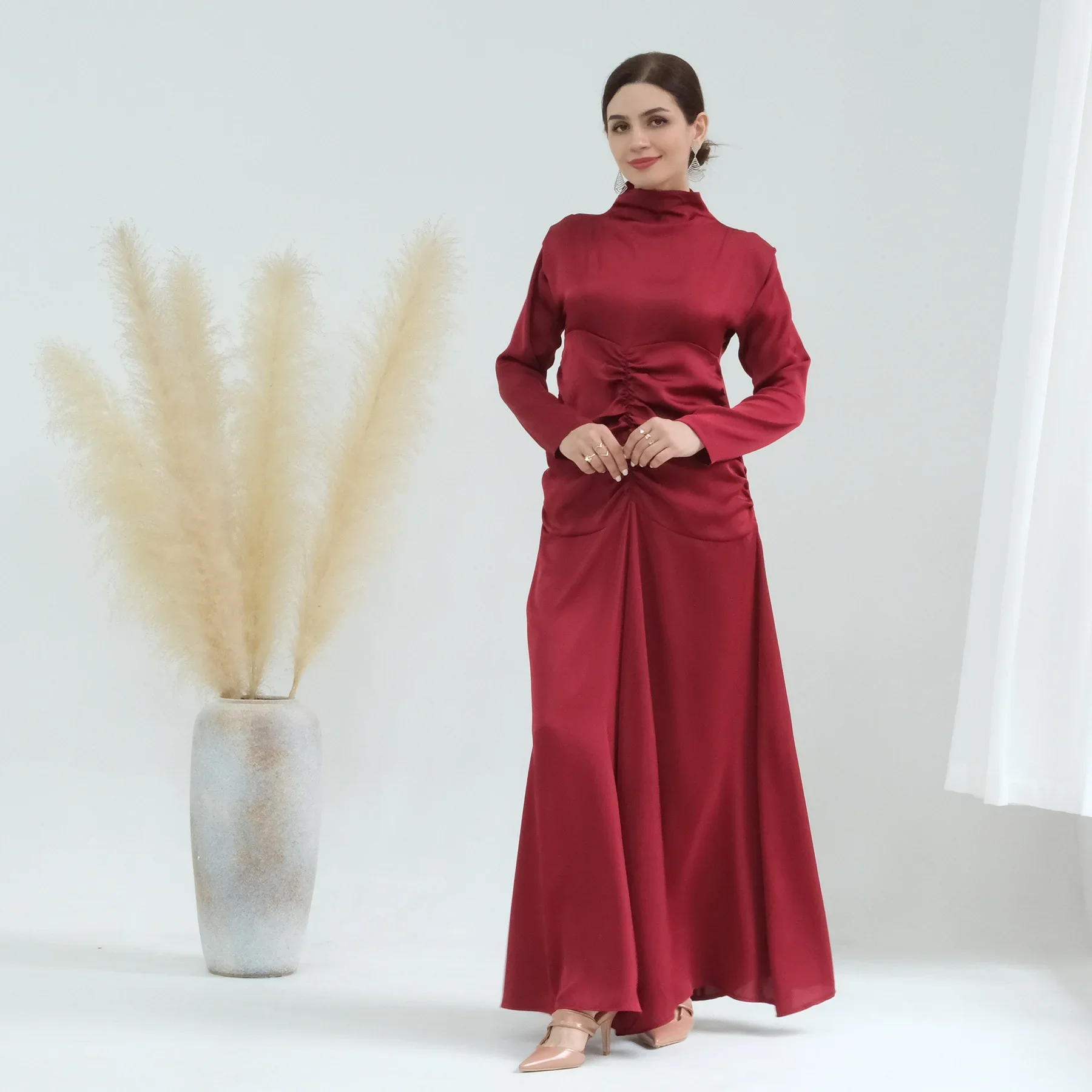 

Elegant Modest Women Satin Long Dress Ruffled Slim Robe Dubai Clothes Muslim Party Gown Abaya Party Dresses Ramadan Vestidos