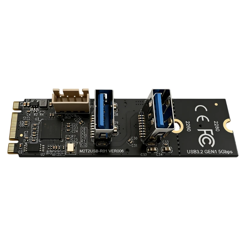 M.2 NVMe to 2 Ports USB 3.2 Gen1 5Gbps Type-A Adapter Card M2 Key M 2280 2260 NVME PCIe to Dual USB-A Expansion Card for Desktop