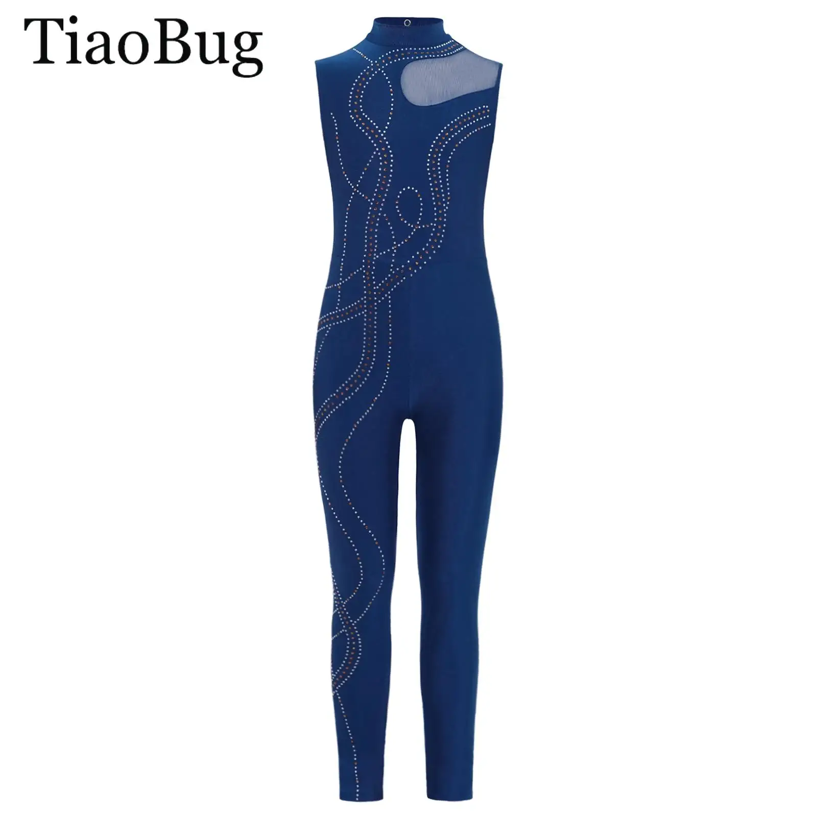 

Girls Rhinestones Gymnastics Dance Jumpsuit Sleeveless Figure Skating Full Bodysuit Sheer Mesh Ballet Leotards Unitard Dancewear