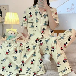 Disney Donald Duck pajamas pure cotton short-sleeved trousers lapel three-piece autumn womens pajamas comfortable loungewear set