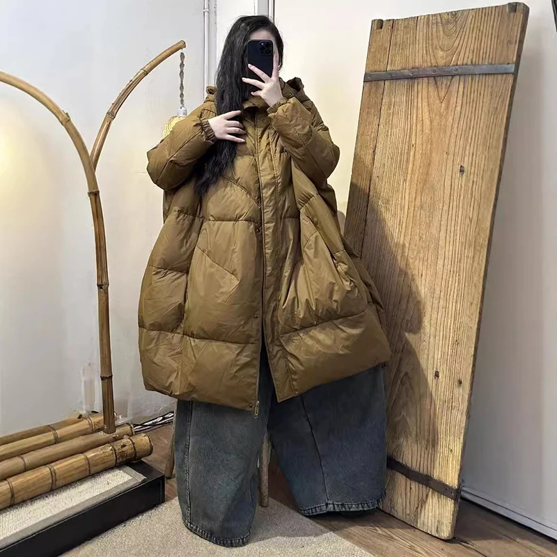 Winter Schwarz Weiß Mit Kapuze Parker Daunenjacke für Frauen Lose Übergroßen Dicke Warme Taschen Puffer Mantel Dame Lange Federn Outwear