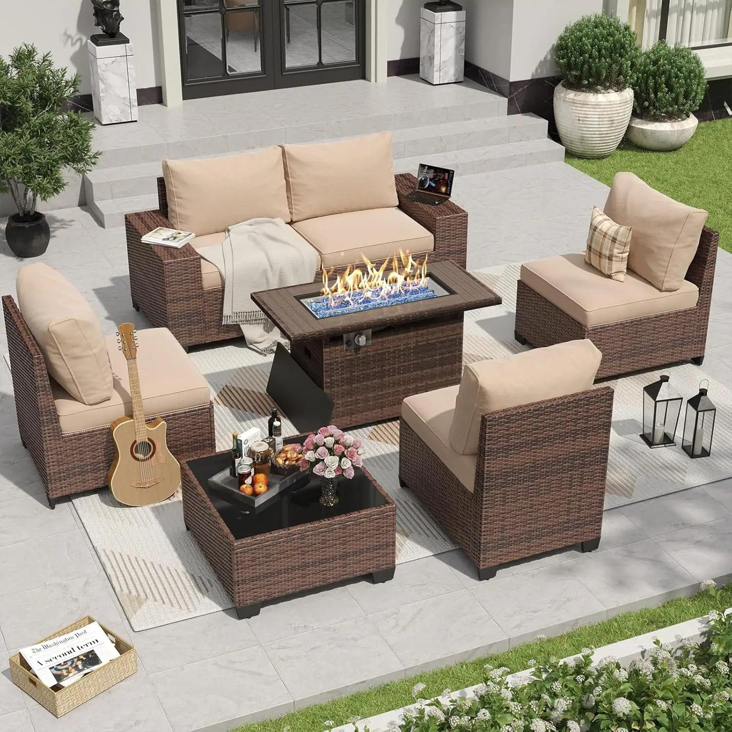 

7 Pieces Patio Furniture Set with 44” Fire Pit Table Wicker Rattan Outdoor Sectional Conversation Set with Coffee Table and 4”