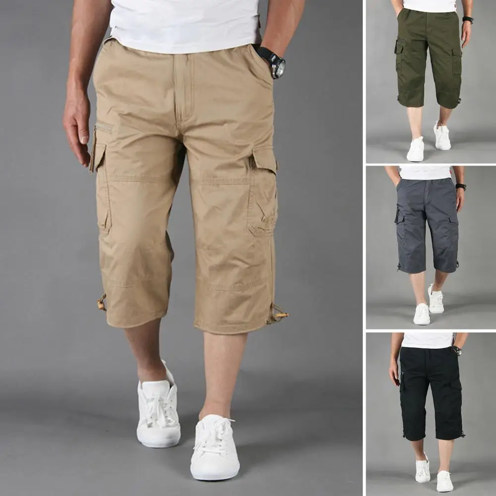 Knee Length Cargo Shorts Men's Summer Casual Cotton Multi Pockets Breeches Cropped Short Trousers Shorts