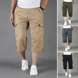 Knee Length Cargo Shorts Men's Summer Casual Cotton Multi Pockets Breeches Cropped Short Trousers Shorts