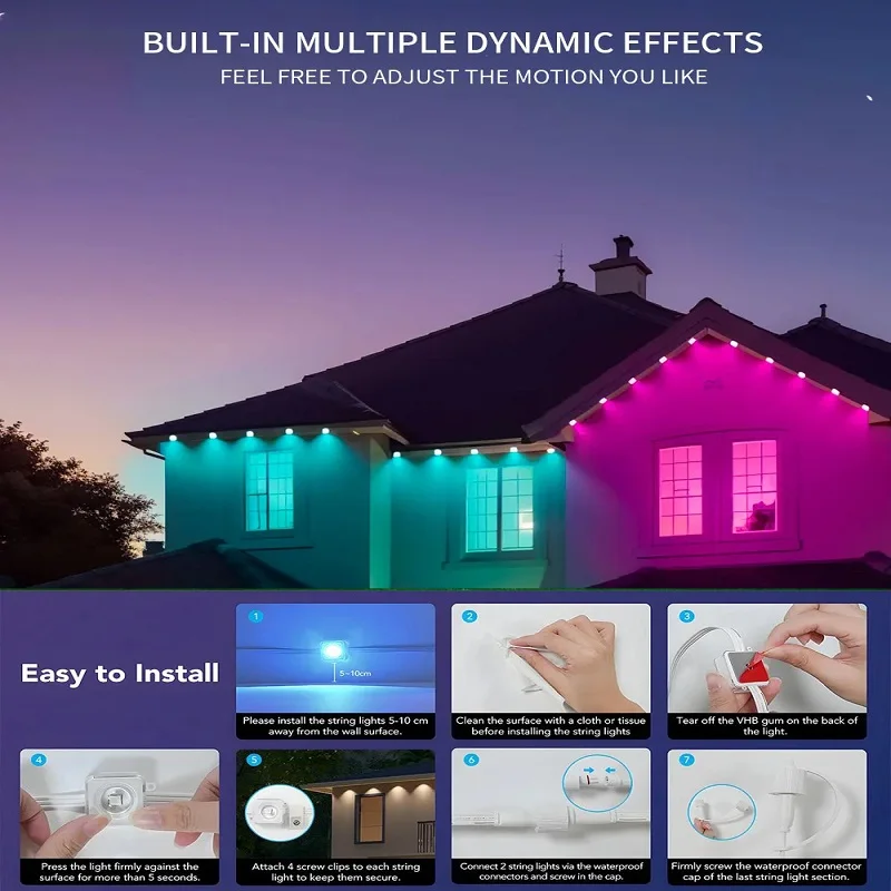 LED Permanent Outdoor Eave Light RGB IC Light Strip Waterproof for House Party Holiday Christmas Birthday Lighting