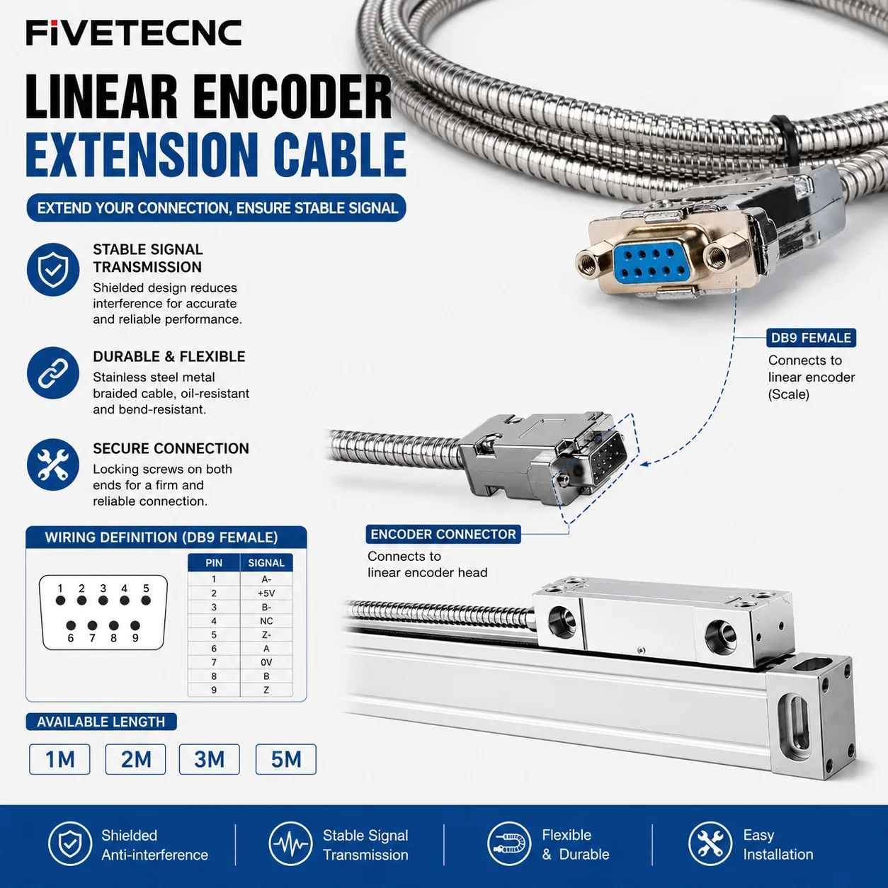 Extension Cable 9DB Female/Male Connection for Linear Encoder TTL Signal Linear Scale