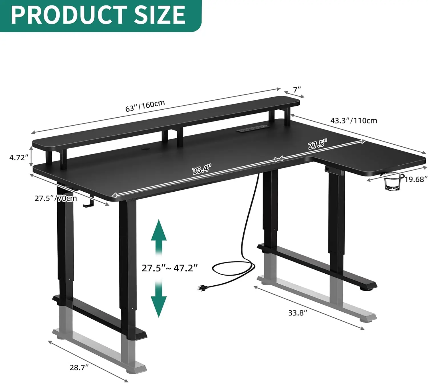 Bureau sur pied en forme de L avec prises de courant et lumières LED, 63x43 pouces, bureau sur pied électrique réglable avec support pour moniteur