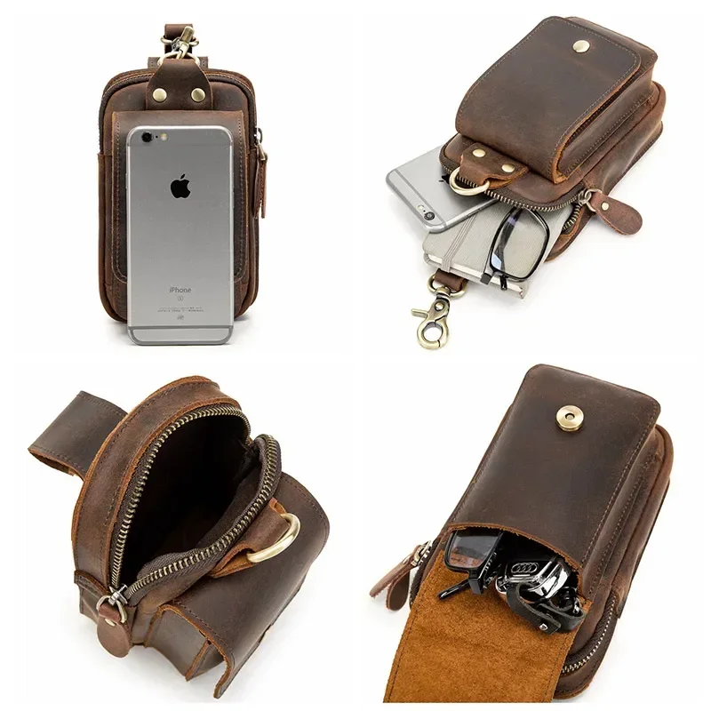 Men Genuine Leather Waist Packs Male Crazy Horse Leather Belt Bag for Cigarette Phone Pouch Case Men's Small Travel Waist Bag