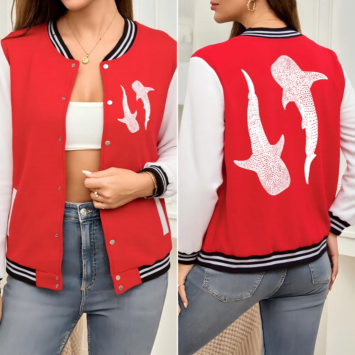 

Whale Ocean Creative Printed Baseball Uniform Women Fashion Cotton Streetwear Warm Autumn Clothing Hip Hop Loose Jackets