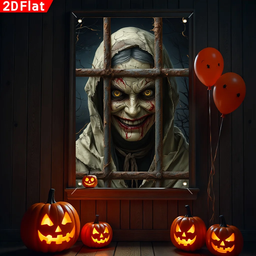 Affiche de fenêtre d'Halloween 2D, 1 grande bannière - une femme fantôme captive avec un sourire sanglant et des yeux jaunes