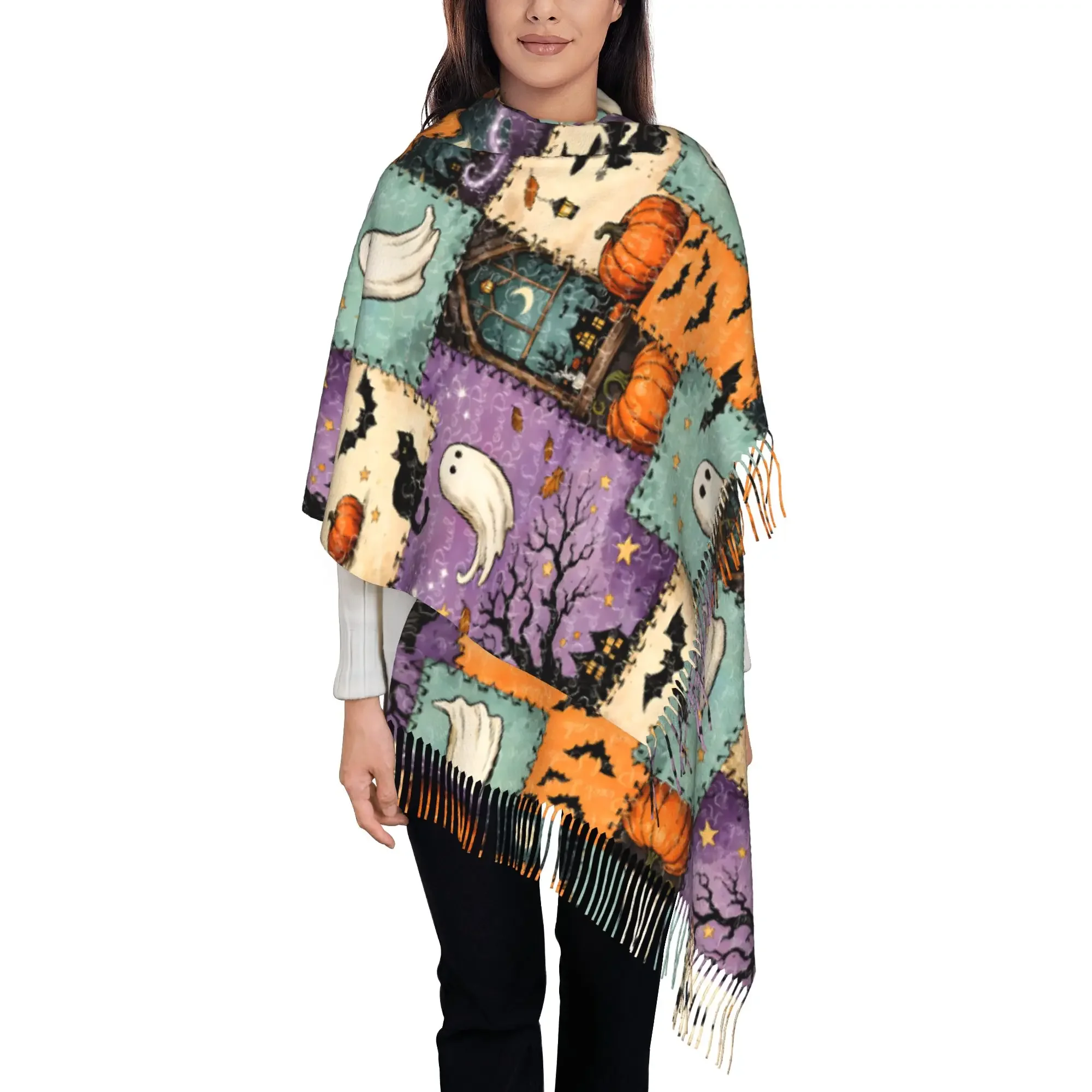 Halloween Patchwork Autumn Scarf Women Winter  Shawls Warm Blanket Wraps  Female Foulard Bandana Thick Scarves