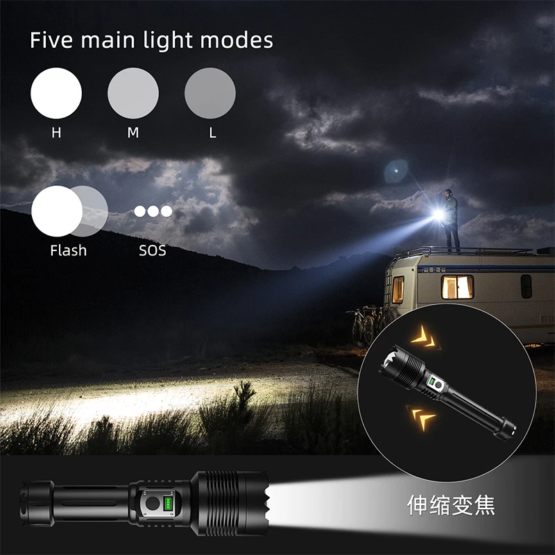 COBA XHP360 Strong Light Self-defense Flashlight Intelligent Electric Display Zoom Outdoor Long Distance Bright LED High Power