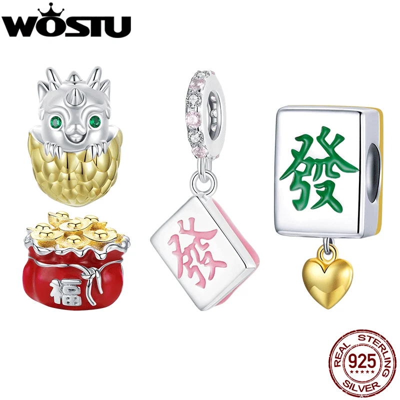 WOSTU 925 Sterling Silver China Culture Mahjong Charms Pendant Yellow Dragon Blessing Bags Beads Fit Bracelet DIY New Year Gift