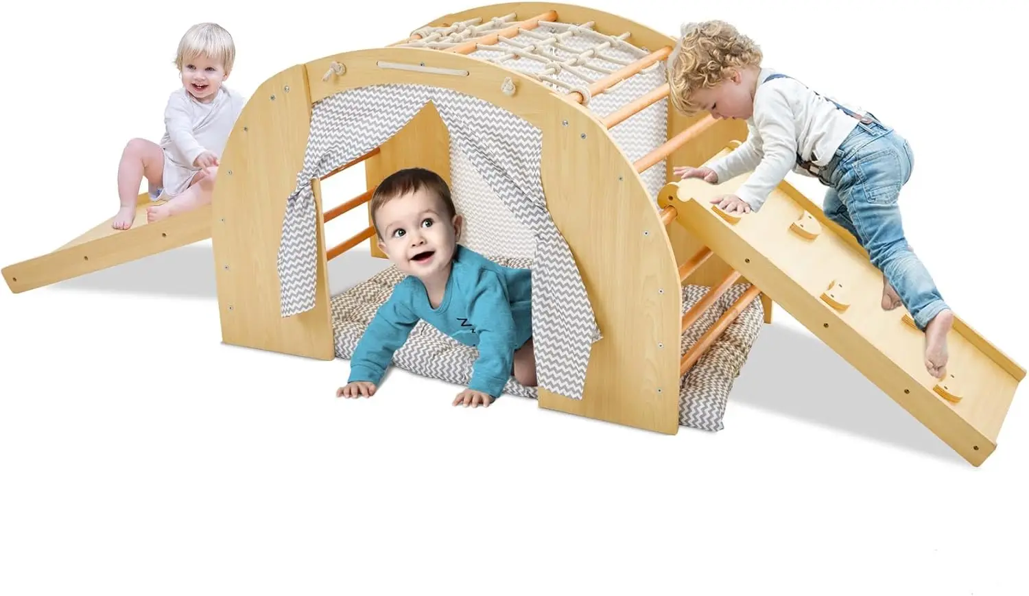 Jouets d'escalade pour tout-petits, 1 grimpeur d'arc avec 2 rampes pour coulisser ou monter, maison de gymnastique de jeu en bois d'intérieur avec coussin de tente et faire