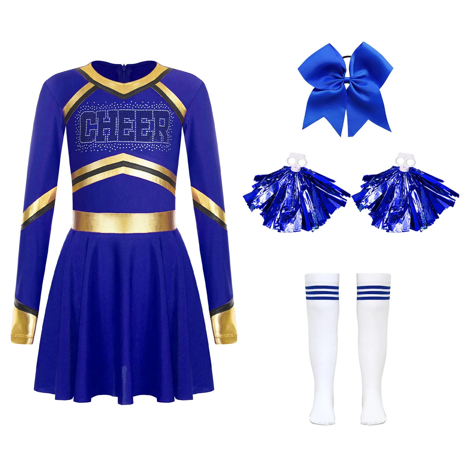 Cheer Leader Costume for Girls Glittery Long Sleeve Cosplay Cheerleading Dance Dress Outfits Halloween Party Uniform Dress Up