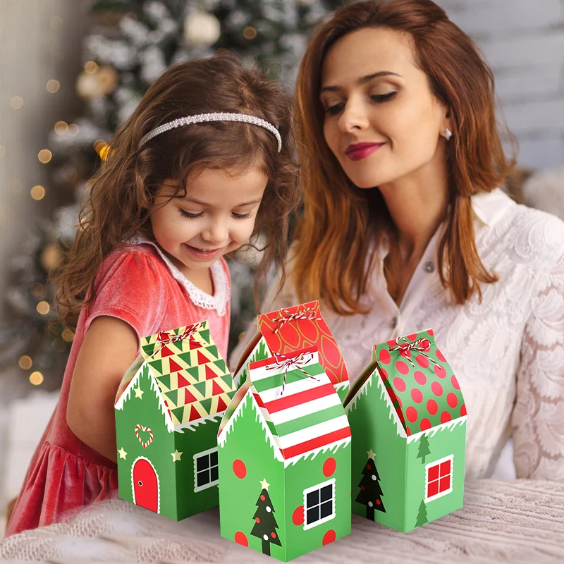 4/12pcs House Shape Christmas Gift Box Candy Cookie Packaging Supplies Xmas Tree Ornaments Home Decoration Navidad New Year 2025