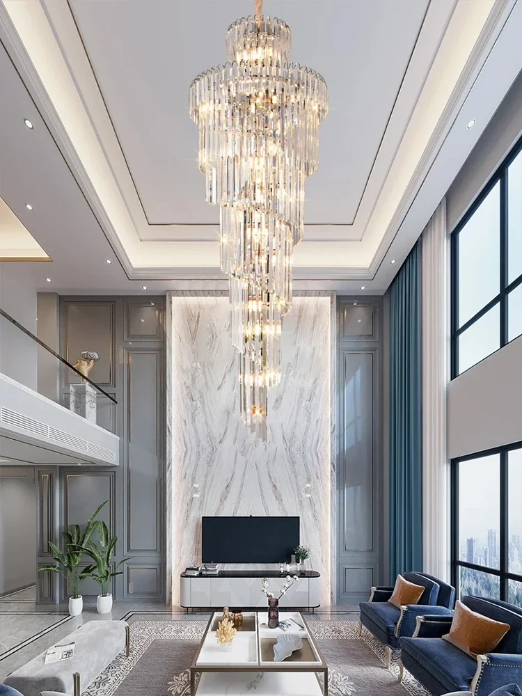 

Long Crystal Staircase Gold Chandelier Modern Loft Crystal Lamp Luxury Villa Hotel hall Living Room Large Chandelier Home Decor