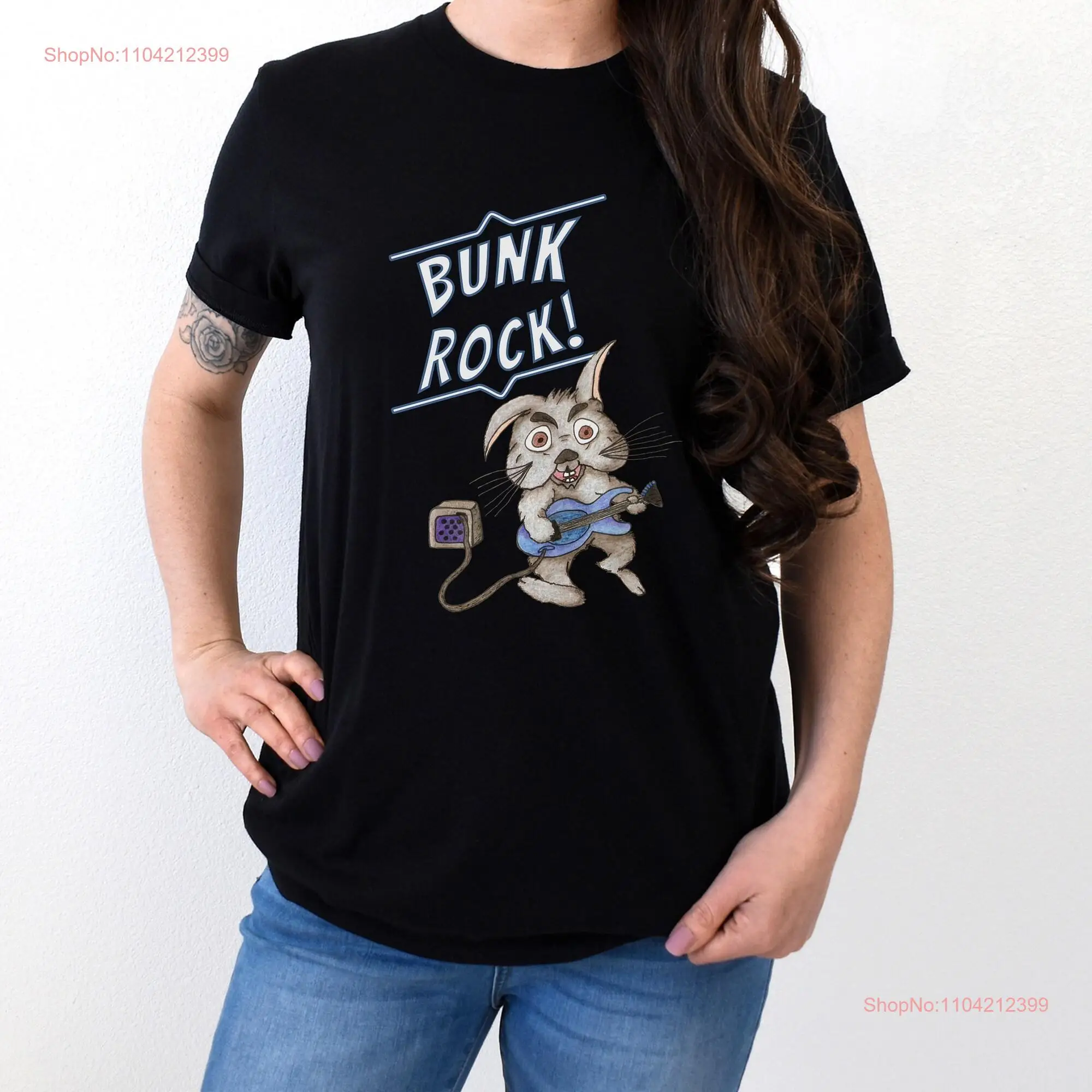 Bunk Rock Funny Music RabbiT T Shirt 'n Roll and Punk Bunny For Lovers WITH TEXT OUTLINE long or short sleeves