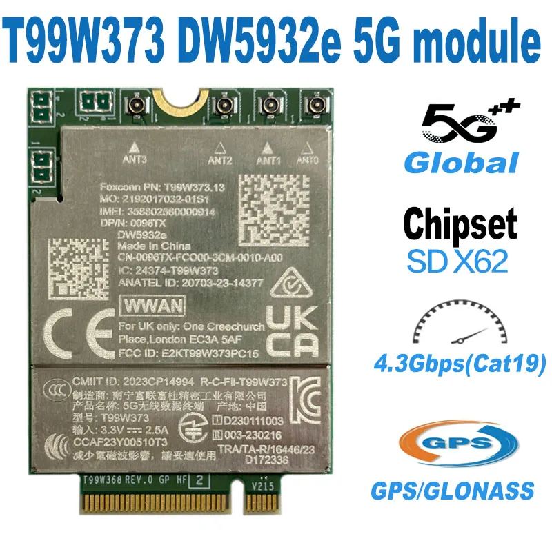 

5G Module T99W373 DW5932e eSIM Module LTE Cat19 M.2 WWAN Card For Dell Latitude 7350 7450 7650 9450 Window Notebook and Tablet