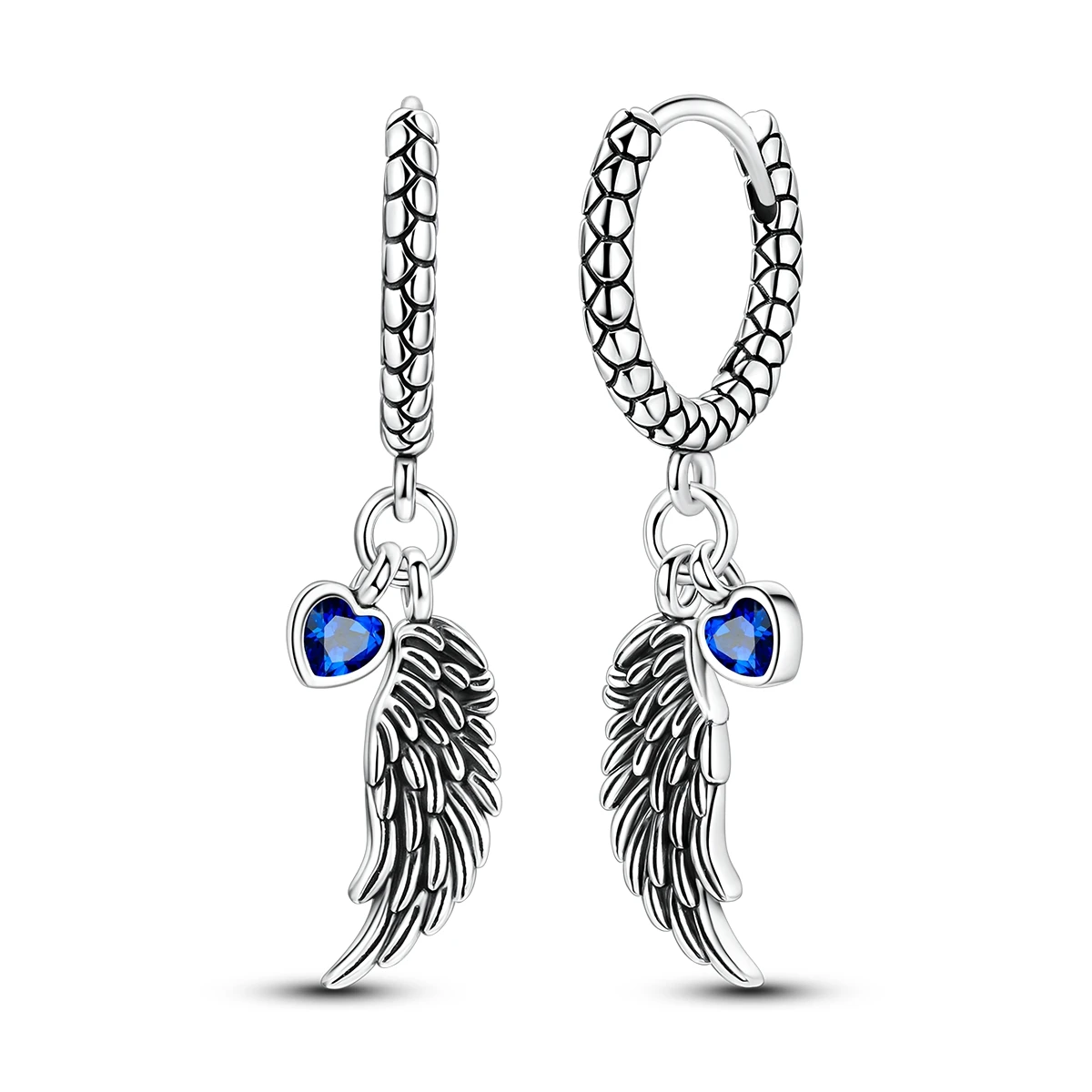 Brincos de Argola em Prata Esterlina 925 com Asas de Anjo e Coração para Mulheres, Brincos Pendentes Texturizados com Corrente de Cobra e Zircônia Azul, Joias Vintage