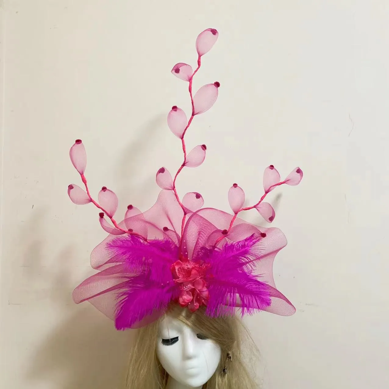 Big Handmade Fascinator Pillbox Hat Feather Leaves Branches Flower Design For Women Peaformance Cocktail Wedding Party Headpiece