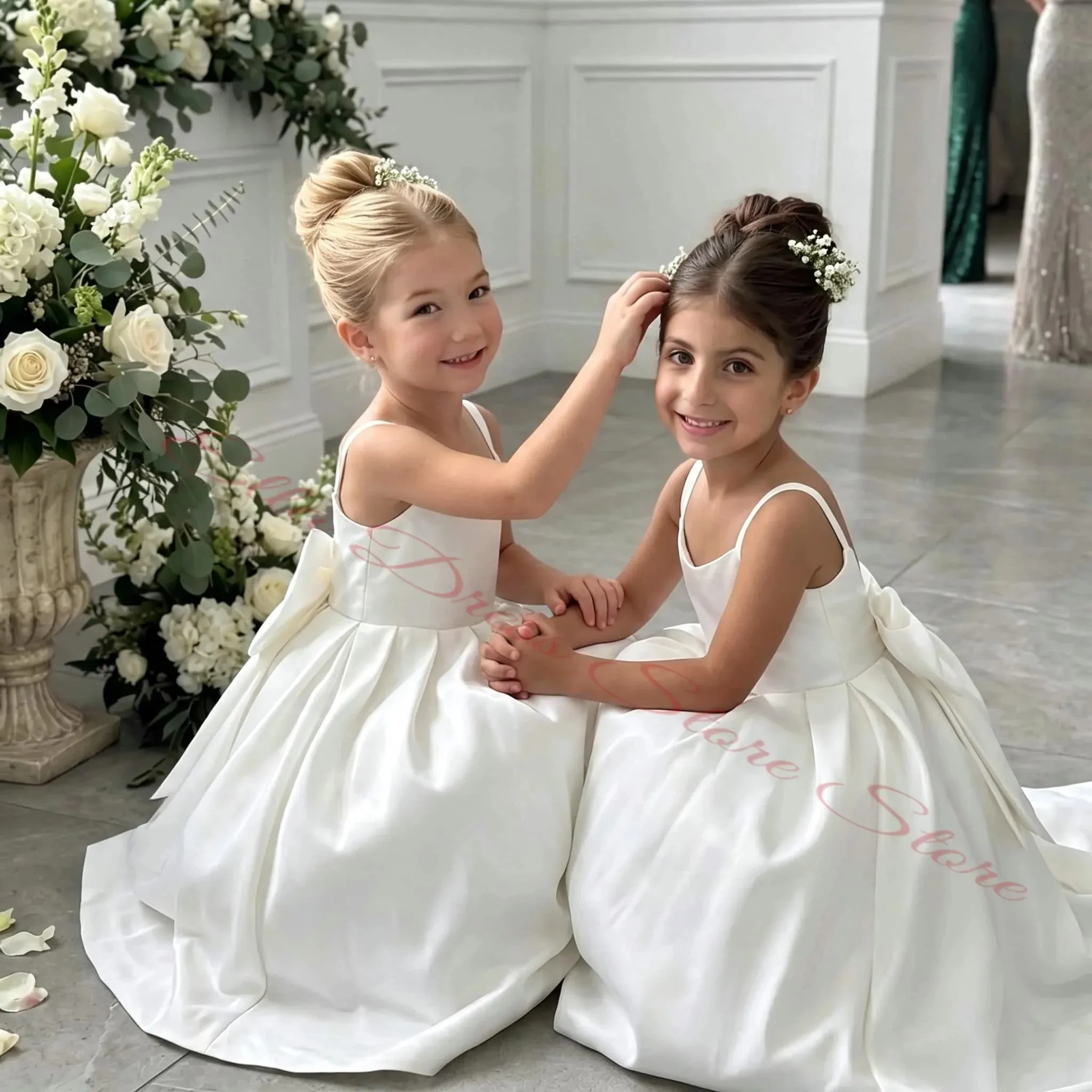 A-Linien-/Prinzessinnenkleid aus Satin mit Schleife für Blumenmädchen, Spaghettiträger, Kommunion- und Geburtstagskleid, Großhandel, Maßanfertigung – Detail 2