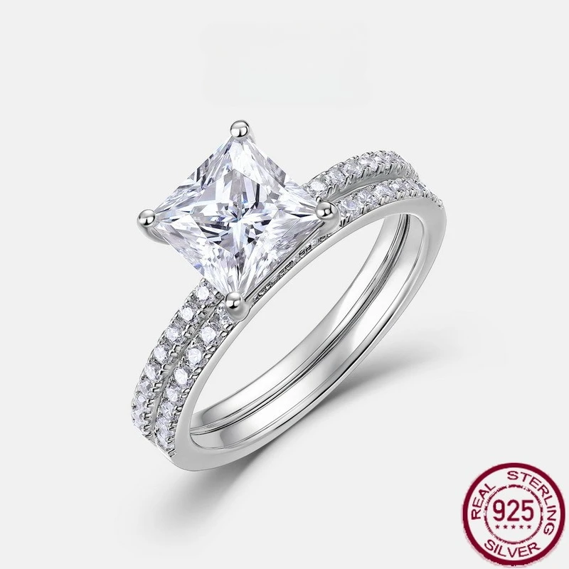 

New S925 pure silver sparkling princess square moissanite set with sparkling moissanite ring, simple wedding jewelry
