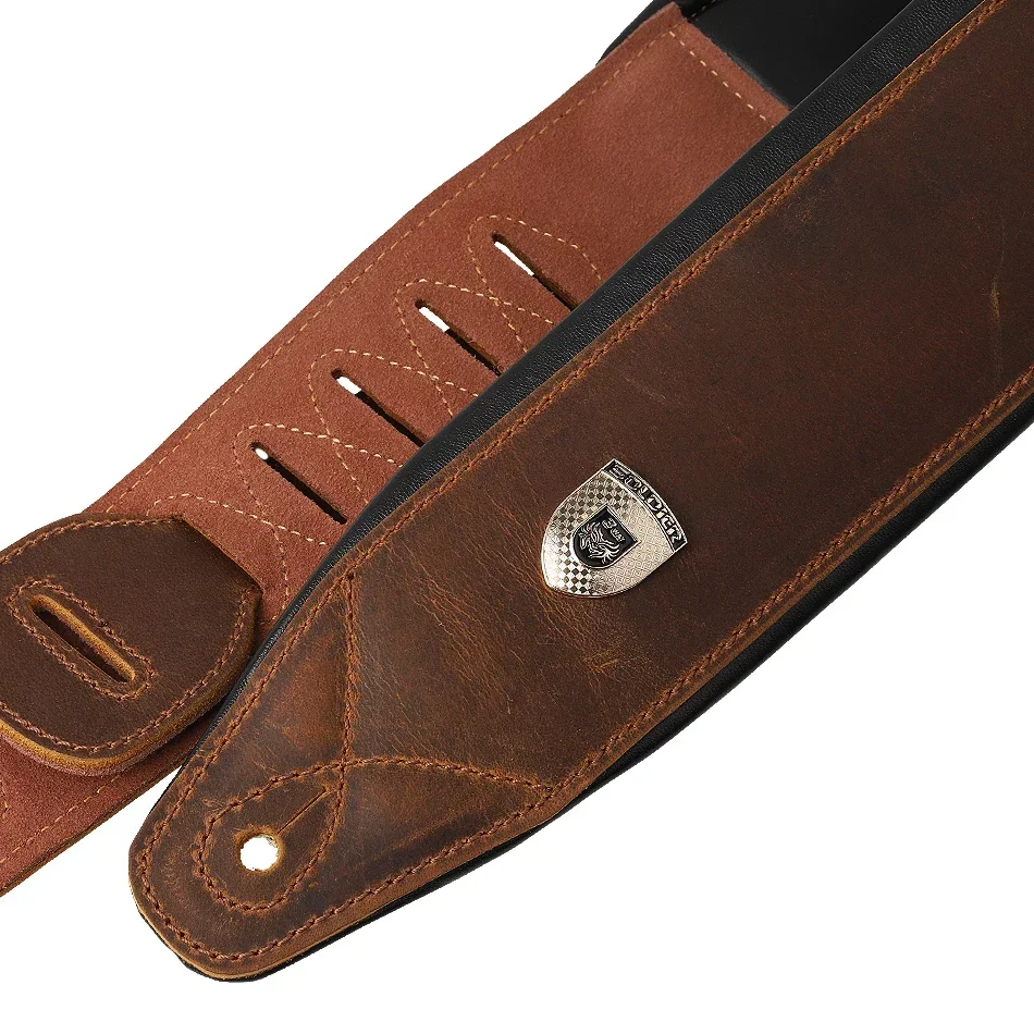 Soldier Top Grain Leather Cowhide  Padded Guitar Strap for Electric Bass Guitar Adjustable Belt