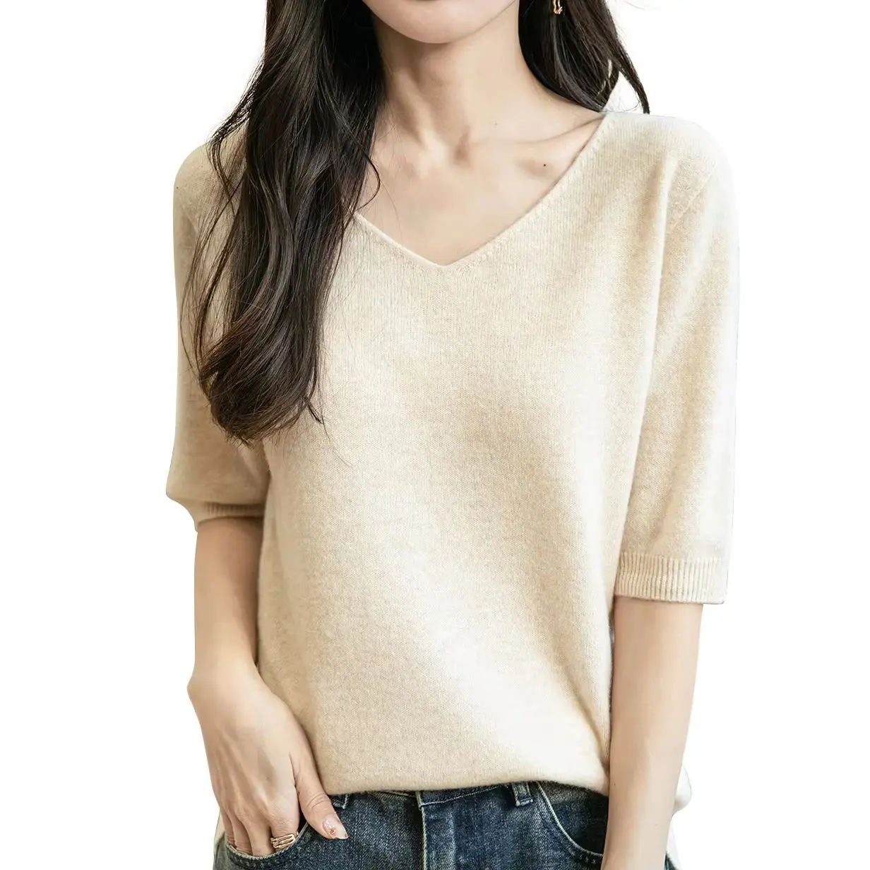 Women's V-Neck Tops 100% Merino Wool Spring Fall Winter First-Line Ready to Wear Seamless New Knit T Shirt Short Sleeve Sweater