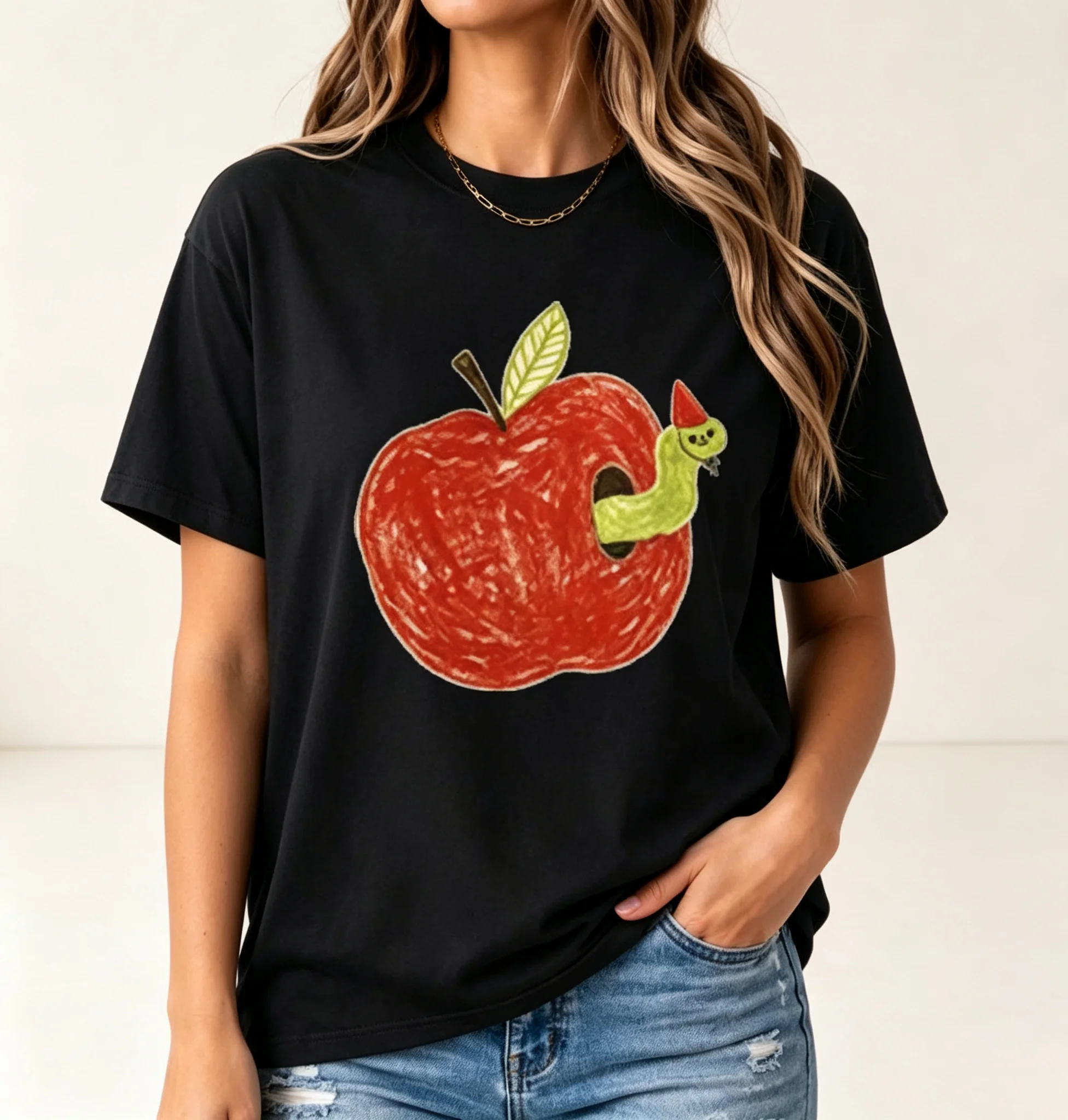 Cute Hand‑Drawn Red Apple With Party Worm Graphic T‑Shirt, Whimsical Cartoon Fruit Art Women Casual Short Sleeve Tee