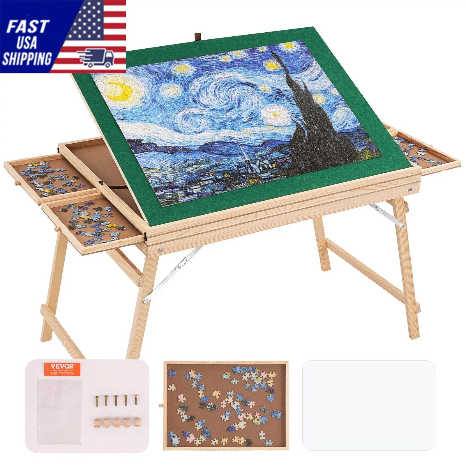 1500 Piece Puzzle Table with Folding Legs, 4 Drawers and Cover, 32.7