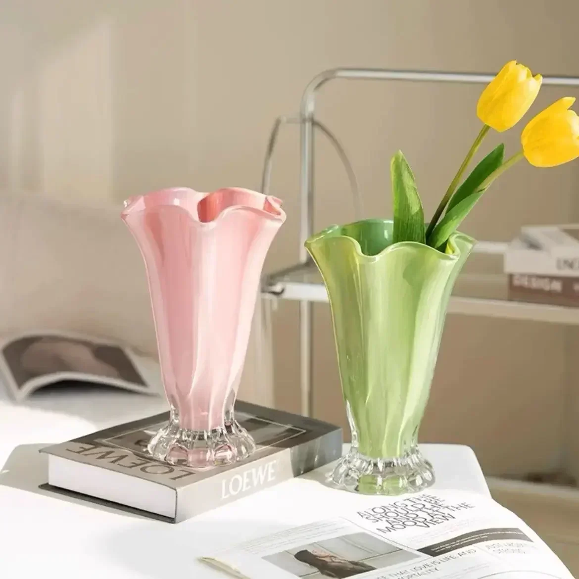 French Trumpet Shaped Glass Vase, Delicate and Elegant Water Grown Flowers Vase, Desktop Floral Art Decoration Ornament
