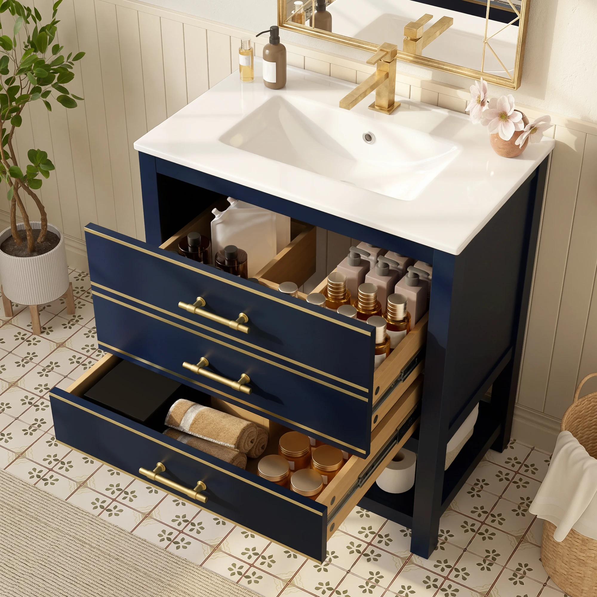 Mueble bajo lavabo de 76 cm con lavabo de cerámica y 2 cajones con nicho abierto, MDF lacado en azul y negro