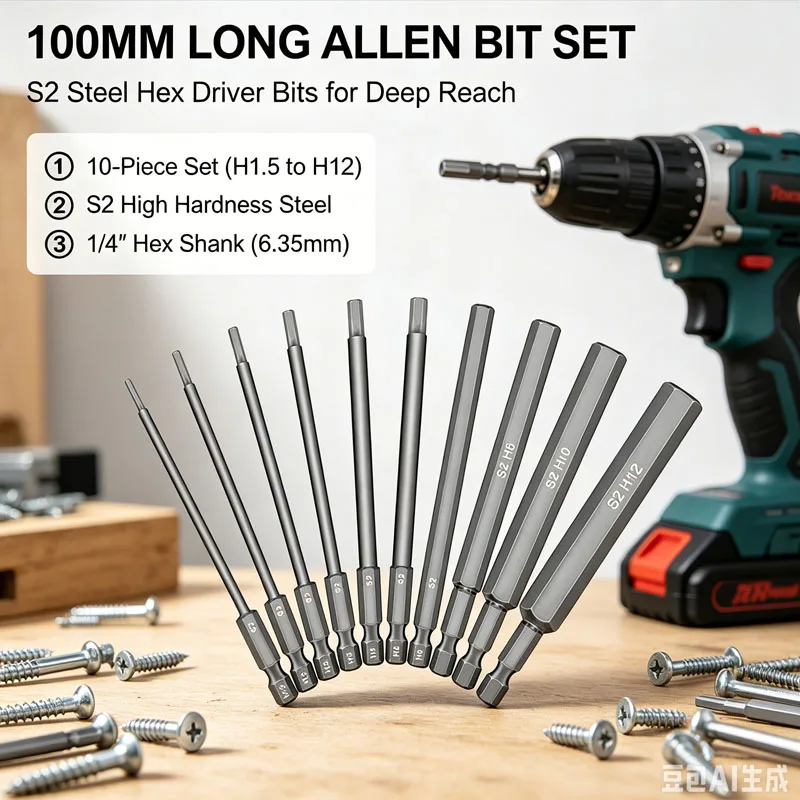 10Pcs S2 Steel Hex Allen Drill Bit Set 1/4 Inch 1.5-12mm Magnetic Tip 100mm Metric Hex Key Screwdriver Bit Set