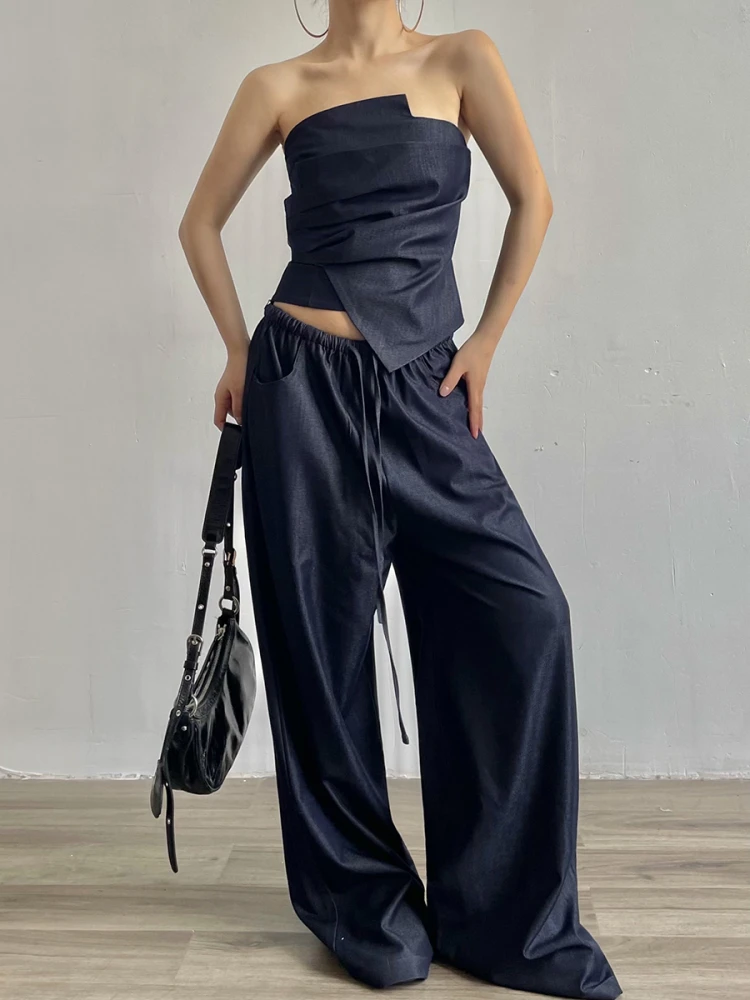 

AcupStudio Jiang Right Upper Design Sense Асимметричный топ-труба плюс шелковые джинсовые брюки Комплект женской модной летней одежды