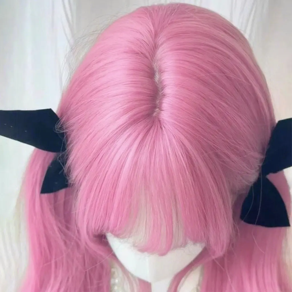 핑크 컬리 로리타 가발 - 자연스러운 빅 웨이브 코스프레 헤어피스, 스트레이트 뱅이 있는 풍성한 풀캡 합성 가발 (애니메이션 소녀용)