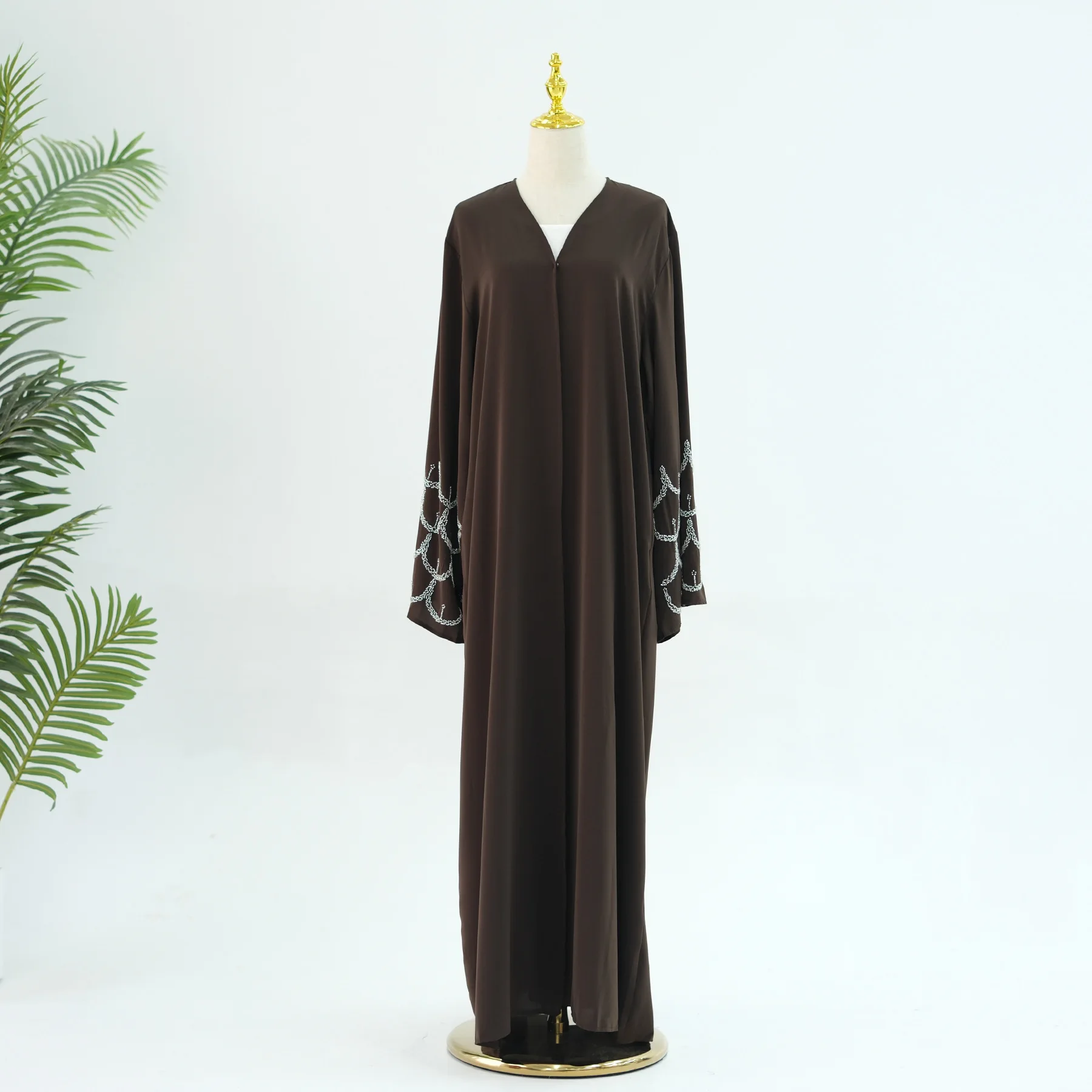 Muslim Women Hand Beaded Abaya Kaftan Open Front Robe Middle Eastern Elegant Modest Dress